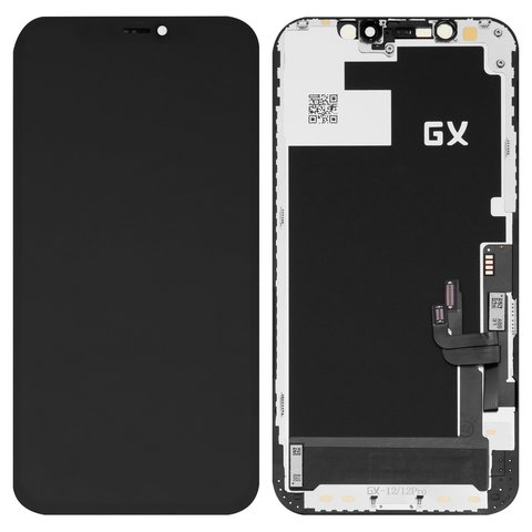 Дисплей для iPhone 12, iPhone 12 Pro, черный, с рамкой, High Copy, с пластиками камеры и датчика приближения, OLED , GX OEM hard