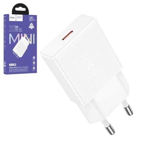 Мережевий зарядний пристрій Hoco N74, 25 Вт, Power Delivery PD , білий, 1 порт, gan, #6942007661225