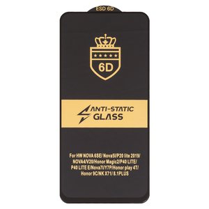 Захисне скло ESD 6D для Huawei P20 Lite 2019 , P40 Lite, P40 Lite E, Y7p, сумісне з чохлом, Full Glue, Anti Static, без упаковки , чорний