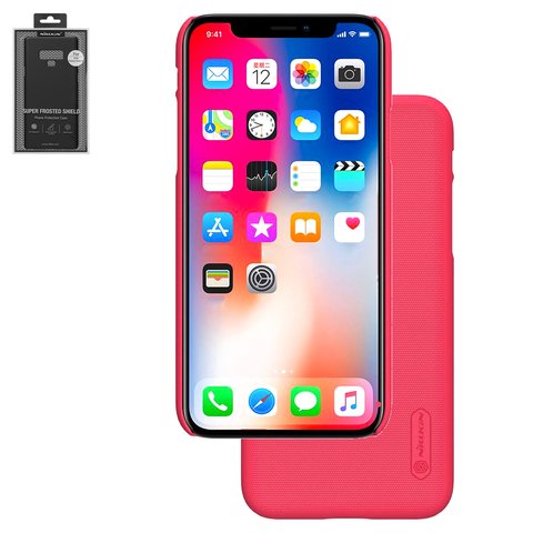 Case Nillkin Super Frosted Shield compatible with iPhone X, iPhone XS, red, with support, with logo hole, matt, plastic  #6902048147348