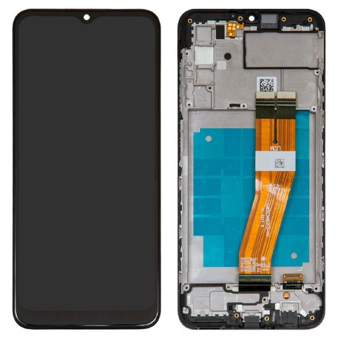 Pantalla LCD puede usarse con Samsung A037G Galaxy A03s, negro, con marco, Original PRC , con cable plano amarillo, 162x72 mm 