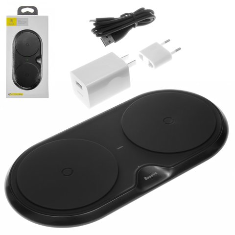 Cargador inalámbrico Baseus Dual Plastic Style, Quick Charge, para dos teléfonos, 220 V, USB tipo C entrada 5V 3A 9V 3A , salidas 5V 7.5V 10V , negro, plástico, #WXSJK 01