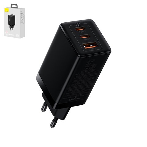 Сетевое зарядное устройство Baseus GaN3 Pro, 65 Вт, Quick Charge, 220 В, черный, c кабелем USB тип C к USB тип C, 3 порта, #CCGP050101